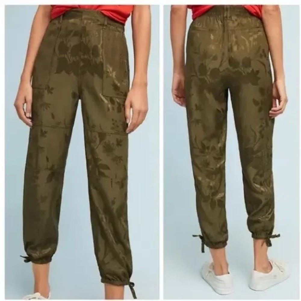 By Anthropologie Size Small Green Satin Jacquard Floral High Rise Jogger Pants